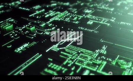 Vue macro d'une carte de circuit imprimé métallique avec réflexion et lumière. Futur et concept technologique. Rendu 3D - illustration Banque D'Images