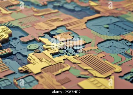 Vue macro de la carte de circuit métallique avec réflexion. Futur et concept technologique. Rendu 3D - illustration de la carte mère, Big Data, abs futuriste Banque D'Images