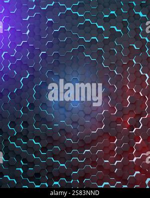 Fond hexagonal technologique abstrait. Éclairage ambiant. Bleu sarcelle lumières rouges. rendu 3d. Banque D'Images