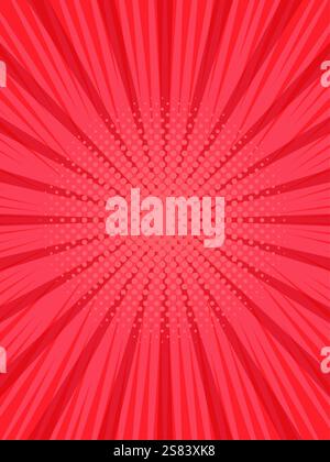 Des lignes de zoom rouges et des points demi-teintes convergeant vers le centre créent une toile de fond dynamique et vibrante, idéale pour les bandes dessinées, la conception graphique ou tout autre Illustration de Vecteur