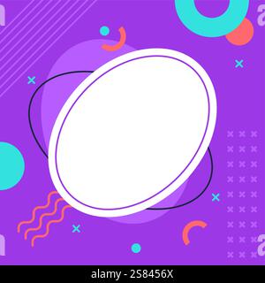 Fond abstrait violet avec un cadre ovale blanc proéminent, complété par diverses formes géométriques, y compris des cercles, des lignes et des croix Illustration de Vecteur
