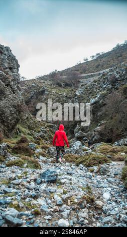 Une personne portant une veste rouge et un pantalon à motifs marche sur un chemin rocheux au milieu d'une végétation clairsemée, de formations rocheuses déchiquetées et d'un ciel couvert. Banque D'Images