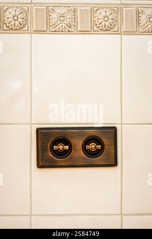 Carreaux de céramique beige avec un luminaire en laiton avec deux boutons et des motifs floraux en relief sur la rangée supérieure, mélangeant fonctionnalité et design. Banque D'Images