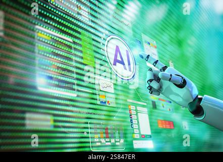 Technologie IA avec robot humanoïde de rendu 3D avec interface graphique hud Banque D'Images
