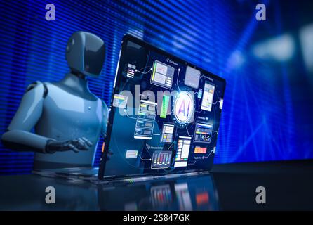 Technologie IA avec robot humanoïde de rendu 3D avec interface graphique hud Banque D'Images