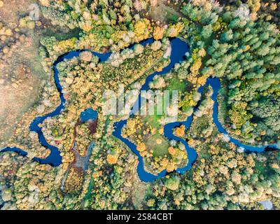 Une rivière sinueuse serpente à travers un paysage boisé avec des feuillages d'automne en vert, jaune et orange, entouré d'arbres et de zones herbeuses ouvertes. Banque D'Images