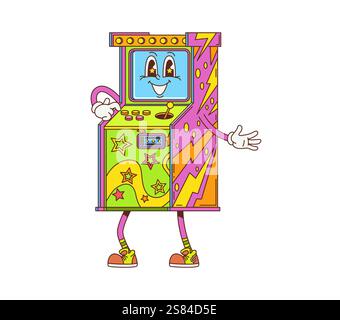 Personnage de machine à sous groovy hippie rétro avec visage drôle, symbole vectoriel de dessin animé. Comique groovy poker ou casino machine à sous de jeu avec sourire bizarre et yeux psychédéliques pour personnage hippie de dessin animé Illustration de Vecteur