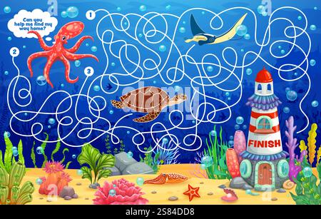 Jeu de labyrinthe pour enfants, aide à pieuvre pour trouver sa maison. Feuille de travail de chemin, quiz vectoriel labyrinthe ou jeu avec poulpe, tortue, raies et seiche animaux océaniques, phare sur le fond Illustration de Vecteur
