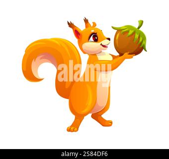Personnage d'écureuil de dessin animé avec gland comme animal sauvage drôle, personnage vectoriel. Écureuil joyeux tenant des noix de glande pour la récolte de l'automne ou de l'automne, Thanksgiving Day et animal joyeux de la forêt sauvage mignon Illustration de Vecteur