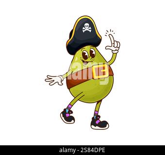 Groovy poire pirate corsair personnage de dessin animé dans le chapeau tricorne de capitaine, personnage vectoriel. Groovy poire drôle comme corsaire pirate dans le chapeau avec Jolly Roger Crossbones pour personnage de fruit de bande dessinée Illustration de Vecteur