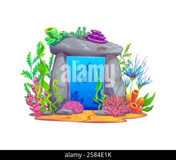 Porte de portail magique de jeu de fantaisie sous-marin dans l'eau de mer, élément de dessin animé vectoriel. Porte de portail sous-marine dans l'arc de porte en pierre ou la grotte de roche de récif corallien avec des poissons et des algues pour porte de portail ou actif de jeu Illustration de Vecteur