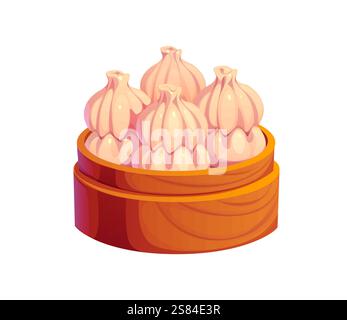 Boulettes chinoises traditionnelles soigneusement disposées dans un vapeur en bambou pour célébrer les vacances du nouvel an lunaire. La nourriture vectorielle de dessin animé incarne l'esprit festif et les traditions culinaires et la joie de l'Asie Illustration de Vecteur