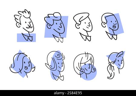 Divers visages dessinés à la main portraits de style huit personnages avec des coiffures variées formes géométriques bleues design minimaliste Illustration de Vecteur