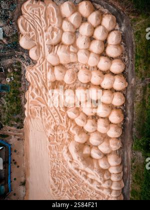 Une perspective aérienne d'une sculpture détaillée de sable en forme de raisin, avec des motifs de vigne et de feuilles, situé dans un espace ouvert avec de l'herbe et des débris. Banque D'Images