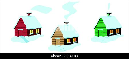 Ensemble de jolies maisons d'hiver colorées sur fond blanc Illustration de Vecteur