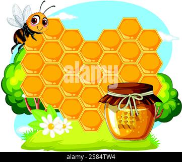 Une abeille près de nid d'abeille et pot de miel à l'extérieur Illustration de Vecteur