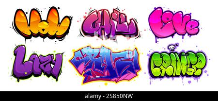 Dessins de texte de dessin animé graffiti avec des schémas de couleurs dégradés. Mots de Street art modernes décorés de gouttes, d'éclaboussures, de contours, d'éléments de crâne et de lettres de style bulle. Typographie murale urbaine. Illustration de Vecteur