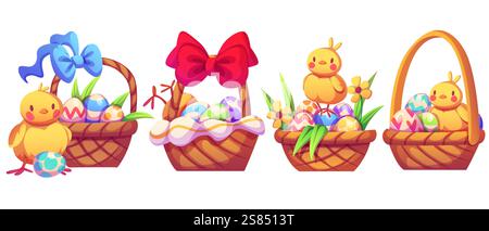 Paniers de Pâques avec des éléments décoratifs - récipients en osier avec des arcs bleus et rouges, des œufs peints, des feuilles d'herbe verte printanière fraîche et des fleurs, des bébés poussins. Collection de vacances avec poulet jaune mignon Illustration de Vecteur