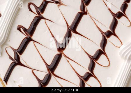 Délicieux dessert composé de crème glacée crémeuse à la vanille tourbillonnée de sauce au chocolat et nappée de glaçage Banque D'Images