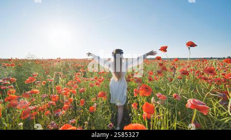 Jeune femme aux longs cheveux blonds et à la couronne de fleurs marche à travers un champ de coquelicots vibrant au coucher du soleil, embrassant la beauté de la nature Banque D'Images