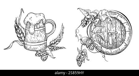 Ensemble d'objets de bière : tasse de bière en bois et tonneau, oreilles de blé et houblon sur des illustrations vectorielles noir blanc de vigne isolées. Tankard avec de la bière mousse et Illustration de Vecteur