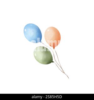 Ballons, 3 ballons de couleurs différentes. Bleu, vert, orange. Illustration d'aquarelle dessinée à la main isolée sur un fond blanc. Élément traditionnel de vacances, anniversaire, mariage. Pour cartes, impression Banque D'Images