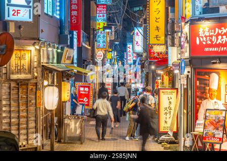 Vue des néons dans une rue étroite près de la tour de Tokyo la nuit, Minato City, Tokyo, Honshu, Japon Banque D'Images