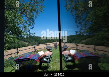 Vacances d'été et lecture : femme assise sur une chaise à l'extérieur lisant un roman sous le soleil d'été. Reflet dans une fenêtre et vue sur la campagne Banque D'Images