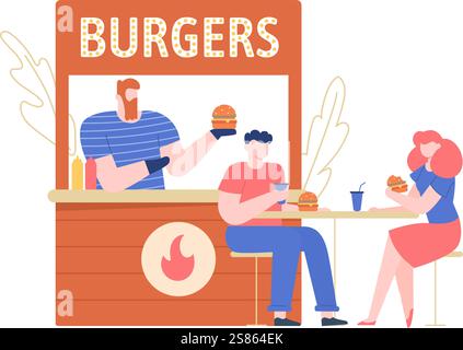 Vendeur de nourriture de rue servant des hamburgers frais tandis qu'un homme et une femme savourent leurs repas dans un stand de hamburgers en plein air, profitant de l'atmosphère vibrante de restauration rapide Illustration de Vecteur