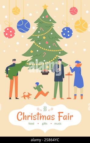 Les gens appréciant le temps de noël à la foire de noël, achetant un arbre de noël, mangeant et buvant, avec des boules de noël colorées suspendues et un enfant Illustration de Vecteur