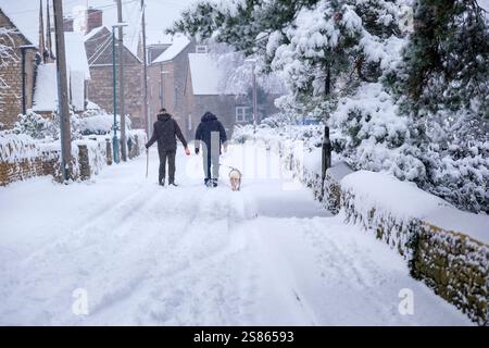 De fortes chutes de neige sont tombées dans le Cirencester dans les Cotswolds. Les gens sont vus marcher et jouer dans le parc Cirencester et sur le terrain de l'abbaye. Banque D'Images