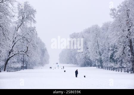 De fortes chutes de neige sont tombées dans le Cirencester dans les Cotswolds. Les gens sont vus marcher et jouer dans le parc Cirencester et sur le terrain de l'abbaye. Banque D'Images