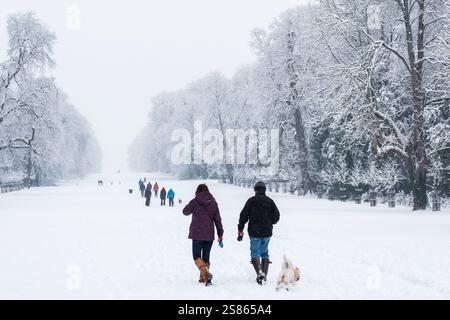 De fortes chutes de neige sont tombées dans le Cirencester dans les Cotswolds. Les gens sont vus marcher et jouer dans le parc Cirencester et sur le terrain de l'abbaye. Banque D'Images