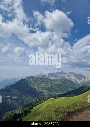 Dolomites italiennes, vallée de montagne, collines verdoyantes et forêts denses sous un ciel partiellement nuageux Banque D'Images