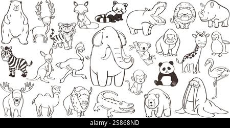 Joli dessin animé Wild Animals Vector illustration Set isolé sur Un fond blanc. Illustration de Vecteur