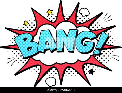 Explosion de bande dessinée avec le mot bang faisant un bruit fort soudain avec un éclat de fumée et des points de demi-teintes, adapté aux bandes dessinées, dessins animés et graphiques Illustration de Vecteur