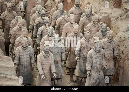 L'armée de terre cuite se compose de 8000 soldats, 130 chars avec 520 chevaux et 150 chevaux de cavalerie, qui ont été enterrés avec le premier empereur de Chine Banque D'Images