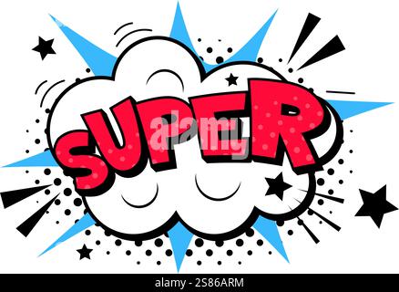 Expression pop art super comique explosant d'un nuage avec des étoiles et des points demi-tons transmettant force et puissance, idéal pour les projets sur le thème des super-héros Illustration de Vecteur