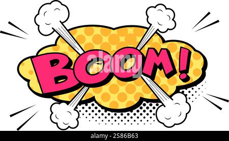 Nuage coloré de bande dessinée explosion de boom avec des points demi-ton, des nuages de fumée et des lignes de vitesse rayonnant vers l'extérieur, incarnant l'énergie et l'impact d'un Illustration de Vecteur