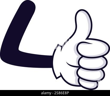 Main de dessin animé donnant les pouces vers le haut, exprimant la positivité, l'accord ou l'approbation, avec un gant blanc et une manche sombre, isolé sur fond blanc Illustration de Vecteur