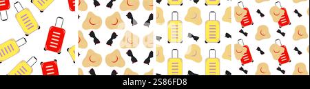 Valise de voyage sur roues, lunettes de soleil et chapeau à large bord sans couture ensemble 3. Journée mondiale du tourisme. Illustration vectorielle isolée cartes thématiques, affichage, bannières ou prospectus web promo, étiquettes de prix Illustration de Vecteur