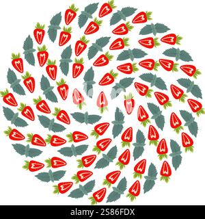 Fraise stylisée avec feuilles de menthe texture de fond circulaire dans des tons tendance. Fond de fruits d'été. Illustration vectorielle isolée cartes thématiques ou de menu, dépliants en toile de fond, étiquette ou bannière promo web Illustration de Vecteur