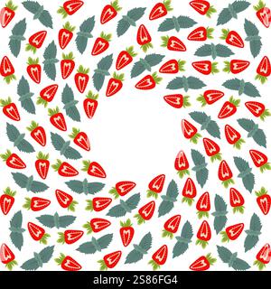 Fraise avec feuilles de menthe bordure circulaire du cadre. Summertime Healthy fruit Cope Space idée. Illustration vectorielle isolée cartes thématiques ou de menu, dépliants, salutations, étiquette ou bannière promo web Illustration de Vecteur