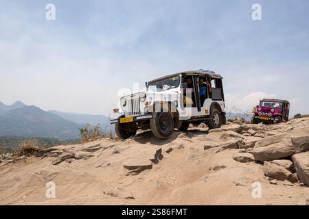 MUNNAR, INDE - 1er MAI 2024 : voitures de safari en jeep hors route conduisant à travers les montagnes rocheuses du Kerala, en Inde. Banque D'Images