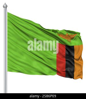 Drapeau de la Zambie avec mât de forme dans le vent contre fond blanc Banque D'Images