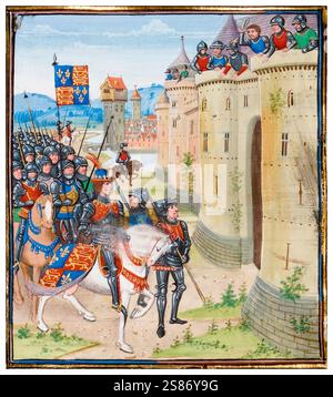 Le roi Édouard III d'Angleterre (1312-1377), au siège de Berwick-upon-Tweed (mars-juillet 1333), dans le cadre de la seconde Guerre d'indépendance écossaise, illustration manuscrite enluminée de Loyset Liédet, 1401-1499 Banque D'Images
