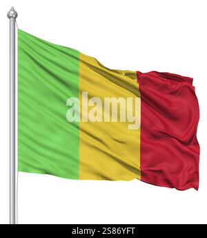 Pavillon du Mali avec mât de forme dans le vent contre fond blanc Banque D'Images