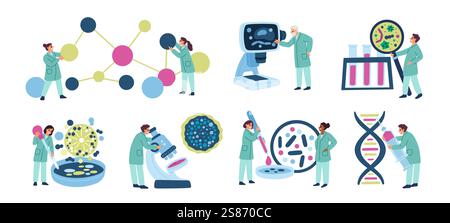Les scientifiques mènent des expériences. Travaux de laboratoire. Différentes branches de la science. Des gens minuscules en manteaux médicaux. Laboratoire scientifique. ADN et chimique Illustration de Vecteur