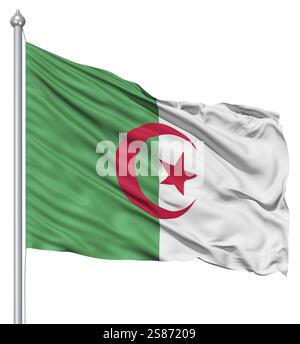 Pavillon de l'Algérie avec mât de forme dans le vent contre fond blanc Banque D'Images