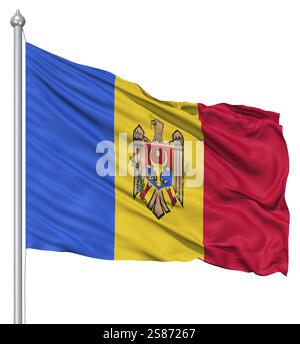 Drapeau de la Moldavie avec mât de forme dans le vent contre fond blanc Banque D'Images